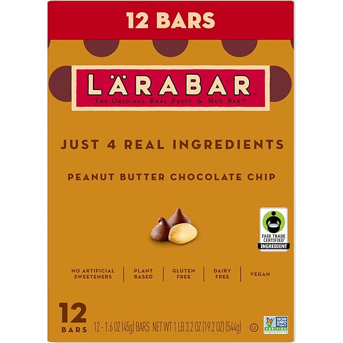 Larabar Peanut Butter Chocolate Chip, Fruit and Nut Bars, Gluten Free and Vegan, 19.2 oz, 12 Ct