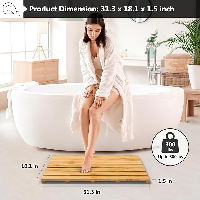 Domax Wooden Bamboo Bath Shower Mat- Non-Slip Waterproof Large Bathroom Floor Mat for Indoor Outdoor (Natural, 31.3 x 18.1 x 1.5 Inches)