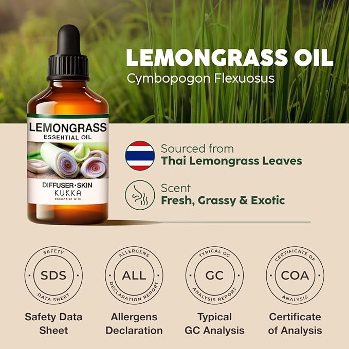 KUKKA Lemongrass Essential Oils - 4 Fl Oz - for Hair, Skin, Diffuser, Aromatherapy & DIY Soap Making Scent