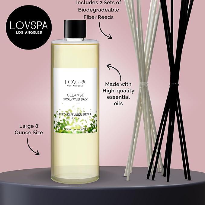 LOVSPA Cleanse Eucalytpus Sage Diffuser Oil - Essential Oils for Diffuser Refill & Air Freshener Room Spray - Long-Lasting & Natural Home Fragrance, Scented Oil for Diffusers, USA Made, 8 oz