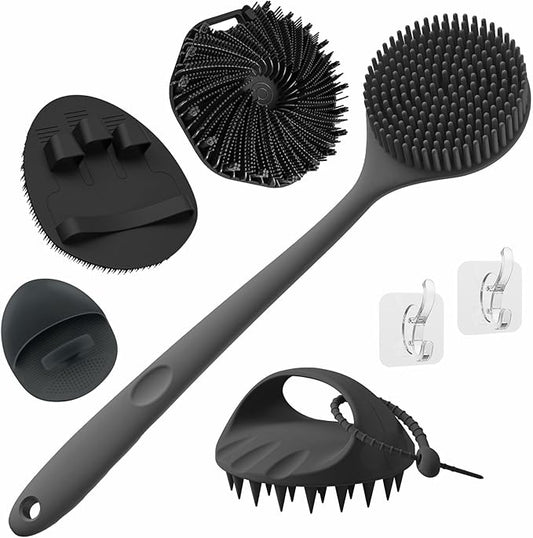 Manmihealth Silicone Back Scrubber & Soft Bath Glove, Silicone Scalp Massager Set 5 PCS, Super-Exfoliating Body Scrubber Shower Brush & Shampoo Brush Combination, with 2 Free Hooks (Style 2 Black)