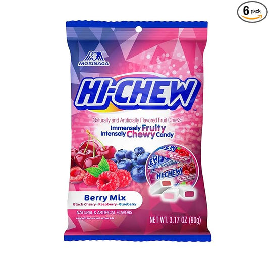 HI-CHEW Berry Mix, Pack of 6 Bags, 3.17oz each - Blackberry Cherry Raspberry, Unique Fun Soft & Chewy Halloween Candy - Immensely Juicy Fruity Candy Flavors, Individually Wrapped for Sharing