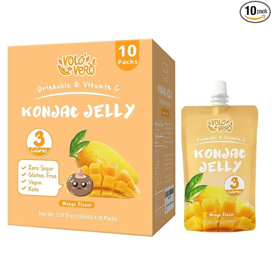 VOLO VERO Konjac Jelly Squeeze Pouch Mango Flavor, Low Calories (3 Kcal), 10 Packs, Gluten Free & Vegan, 0 Sugar, Keto, Low Carb, Drinkable Vitamin C Healthy Fruit Snacks, Holiday Gifts