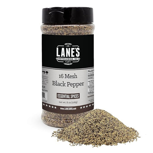 Lane's 16 Mesh Coarse Black Pepper Ground, 8 oz - Premium Coarse Ground Black Pepper Seasoning with Bold Flavor, Slow-Release Heat, Ideal for Grilling & Cooking, Gluten-Free Spice, No Preservatives