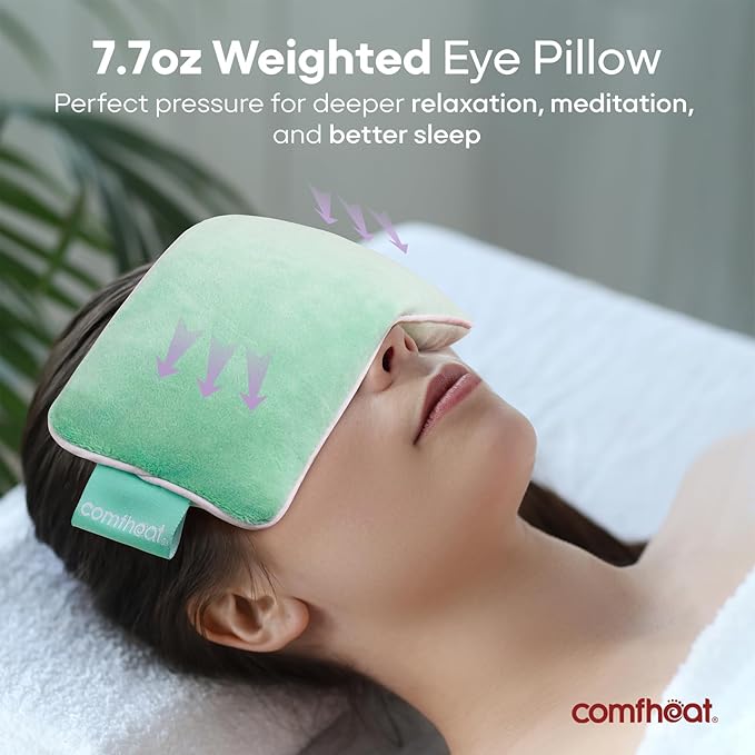 Unscented Weighted Eye Pillow - Soft Plush Removable Cover, Moist Heat & Cold Therapy, Natural Aromatherapy Eye Compress Pillow for Relaxation, Yoga, Meditation, and Sleep, Green