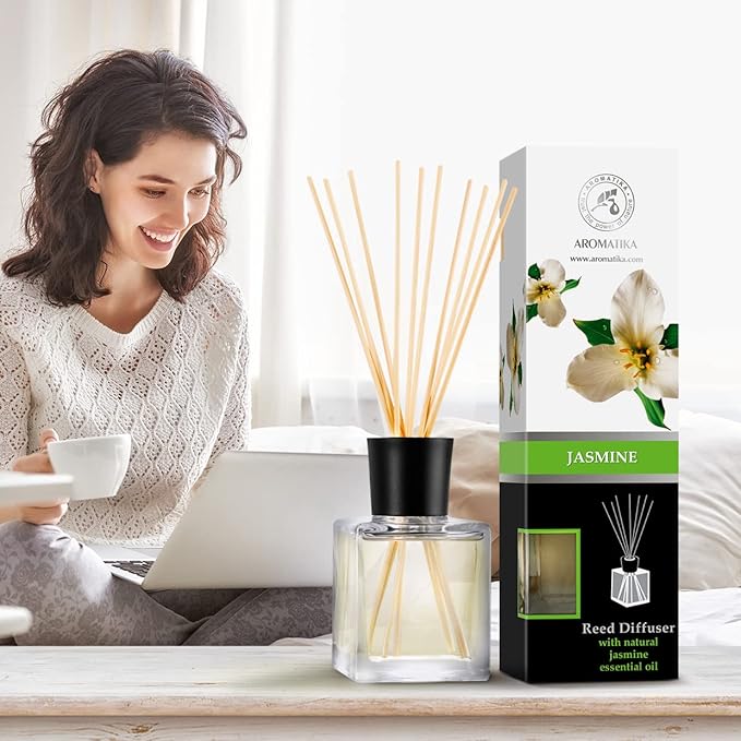 Jasmine Reed Diffuser w/Natural Essential Jasmine Oil 6.8 Fl Oz - Fresh & Long Lasting Fragrance - Scented Reed Diffuser - Gift Set w/Bamboo Sticks - Best for Aromatherapy - SPA - Home