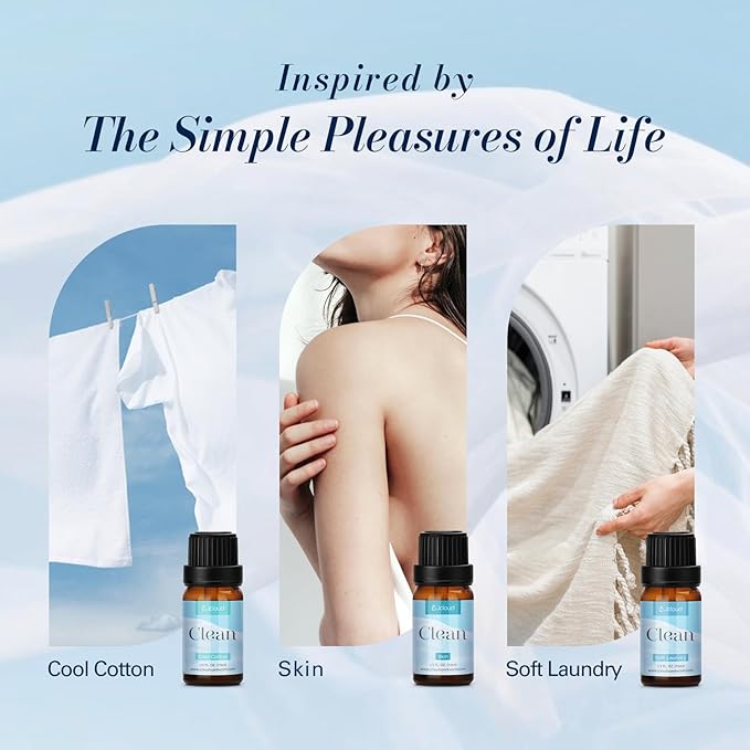 JCLOUD Essential Oils for Laundry, Clean Scent Fragrance Oils Set, Use with Wool Dryer Balls - Fresh Linen, Soft Laundry, Warm Cotton Essential Oils for Diffusers for Home, Natural Fresh Scent, 6x10mL