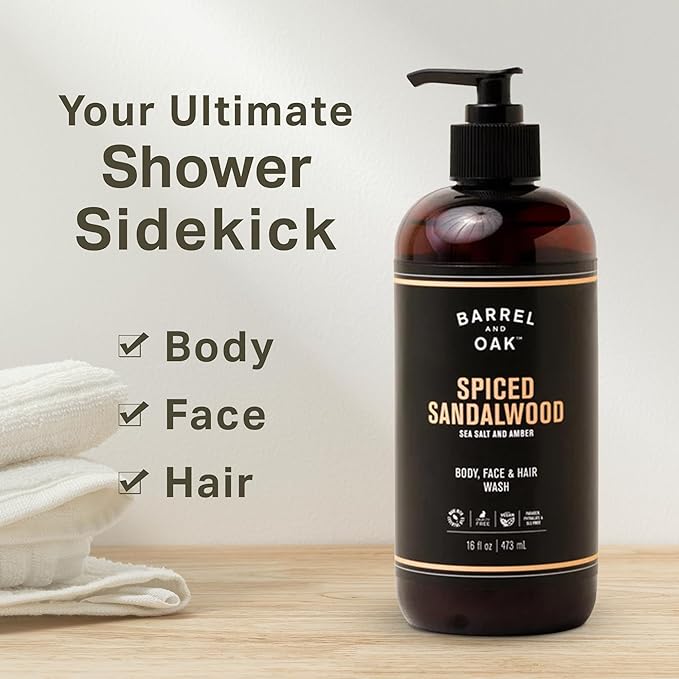Barrel & Oak All-in-One Wash for Face, Hair, & Body, Vegan & Hydrating Face, Shampoo and Body Wash for Men, Grooming Kit Gifts for Men, Spiced Sandalwood, 16 oz