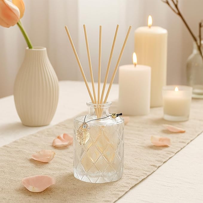 Glass Reed Diffusers Bottles for Home, Diffuser Bottles with 20PCS Reed Diffuser Sticks, Vintage Embossed Apothecary Style Flower Bud Vases with Cork Lids, Set of 3