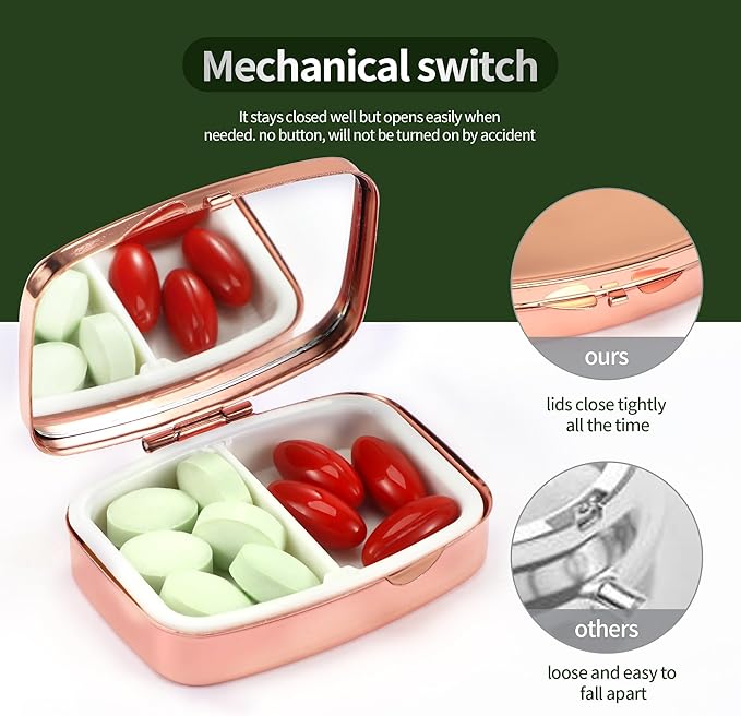 Dynippy Pill Case Pill Box with Mirror Retro Pocket 2 Compartment Medicine Case Vitamin Pill Organizer for Pocket Purse and Travel (Rose Gold- Red Heart Pattern)