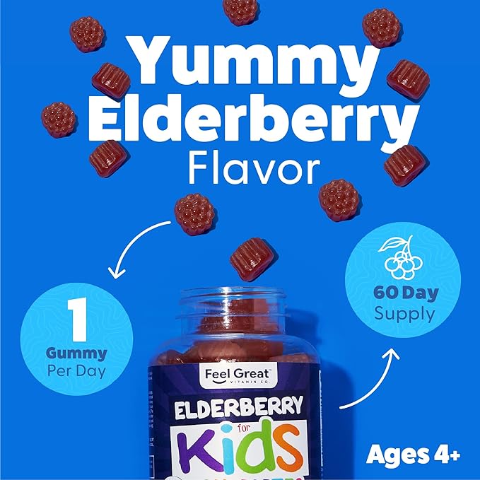 Feel Great Kids Elderberry Gummies with Zinc and Vitamin C | Immune Support Sambucus Elderberry | Berry Flavored Vegan Kids Multivitamins | 60 Day Supply
