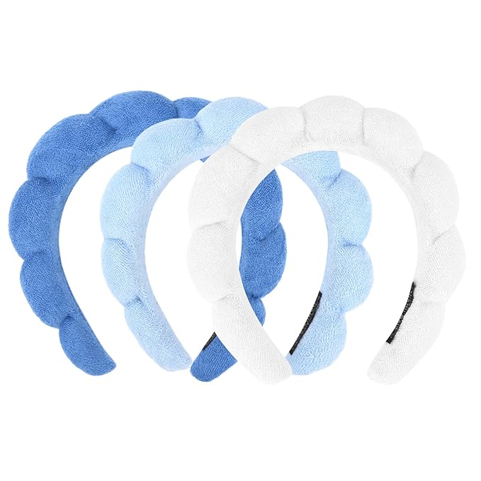 3 Pack Spa Terry Cloth Headbands - Puffy Hair Bands for Skincare, Makeup, and Face Washing