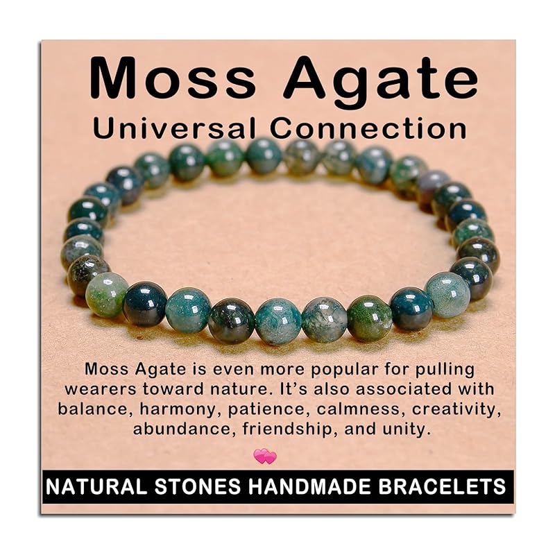 AD Beads Handmade Gemstone Stretch Elastic Bracelet Crystal Healing Reiki Nature's Beauty and Spiritual Essence Unisex (6mm, Moss Agate (Universal Connection))
