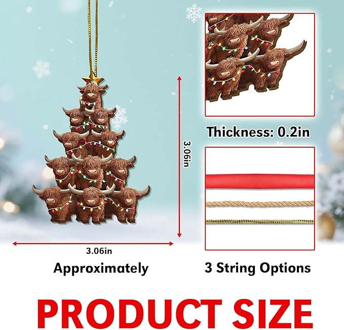 Highland Cow Christmas Tree Wooden Ornament – Cute Farm Animal Holiday Decor for Tree, Gifts for Cow Lovers, Rustic Wooden Christmas Decoration