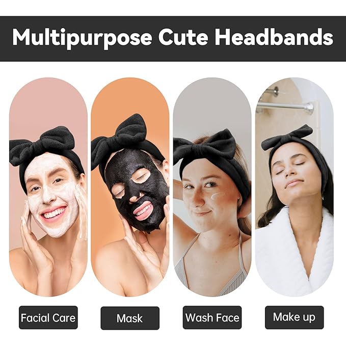 Ondder Black Spa Headband for Women and Girls - Washing Face, Bow Skincare Headbands, Makeup, Shower Hair Accessories
