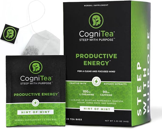 CogniTea Productive Energy Tea - Enhanced Focus & Energy with 100mg L-Theanine, 90mg Caffeine Organic Guayusa & Yerba Mate, Assam Black Tea - Crash-Free Cognitive Boost