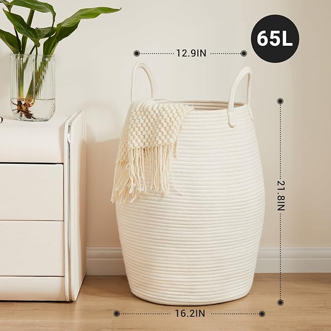 Fiona's magic Cotton Rope Laundry Hamper Basket, 65L Woven Large Laundry Basket, Tall Dirty Clothes Hamper for Storage Blankets, Toys in Bedroom, Living Room Organizing-Collapsible-Beige