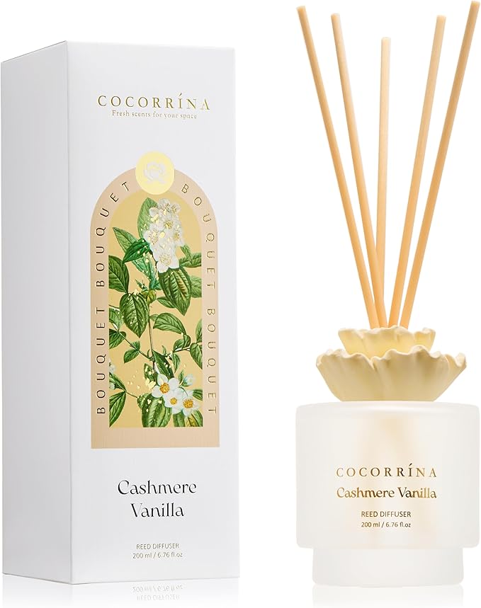 COCORRÍNA Gypsum Flower Reed Diffuser Set for Bathroom Décor – Cashmere Vanilla Scent, 6.76 oz with Sticks & Oil – Home Fragrance for Bathroom & Living Space