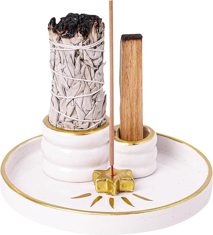 Ceramic Incense Holder Burner, Sage Holder for Burning, Palo Santo Sticks Holder, 5.51" Ash Catch Tray, Smudge Dish for Meditation Yoga, Modern Home Decor Gift