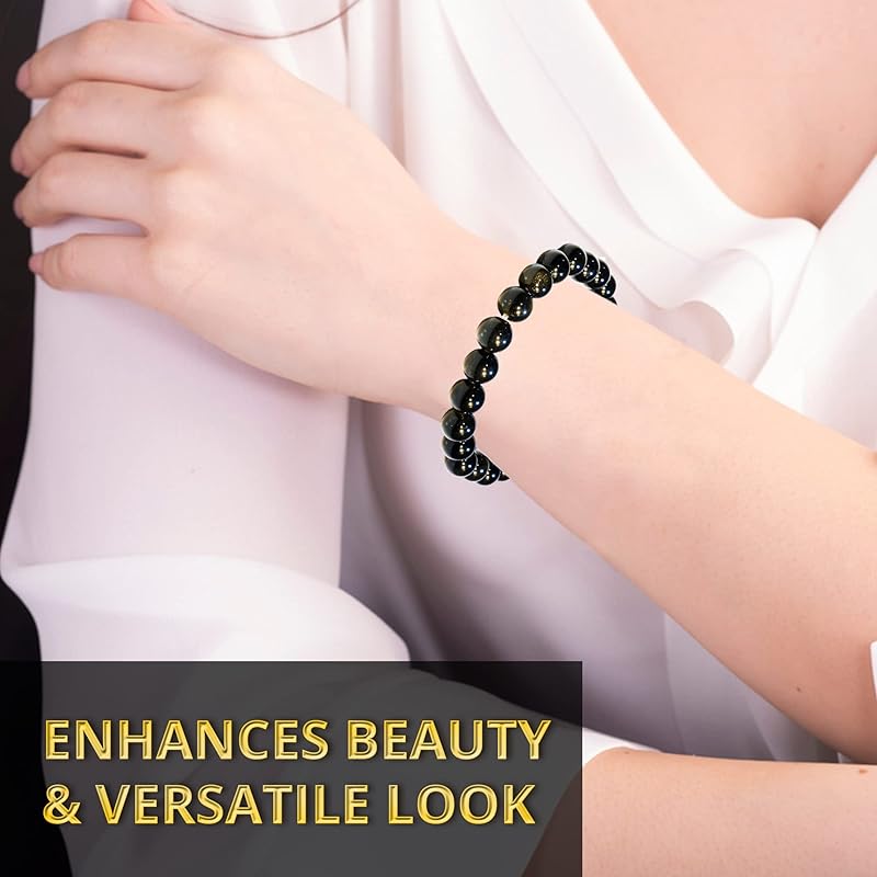 Gold Sheen Obsidian Bracelet – Natural Healing Crystal Bracelet for Women and Men – 8 MM Beaded Bracelet for Spiritual Healing, Positive Energy – Unisex Elastic Adjustable Size Gemstone Bracelet