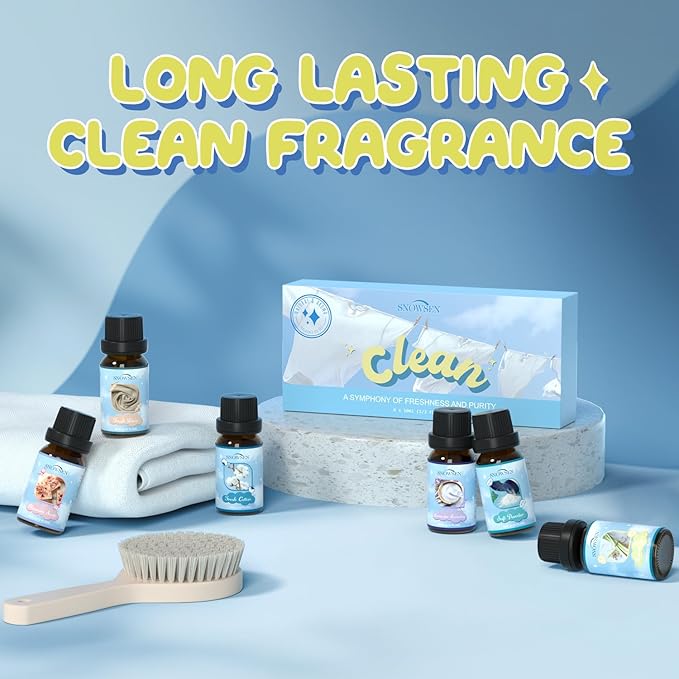 Clean Essential Oils Set, SNOWSEN Fragrance Oil for Diffuser, Wool Dryer Balls, Candle, Soap Making, Fresh Cotton, Fresh Linen, Lemongrass, Soft Powder, Lavender Laundry, Blossom Soap Scented Oil