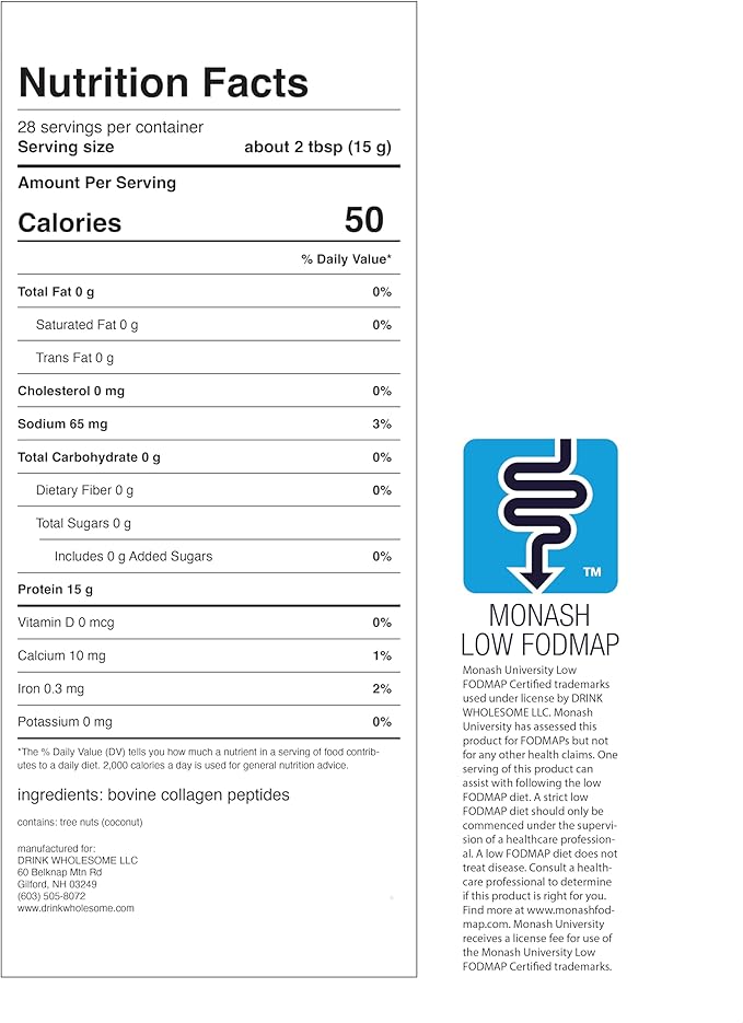 drink wholesome Unflavored Collagen Protein Powder | for Sensitive Stomachs | Gut Friendly | Dairy Free | Low FODMAP | No Artificial Sweeteners | No Bloating or Gas | No Constipation or Diarrhea