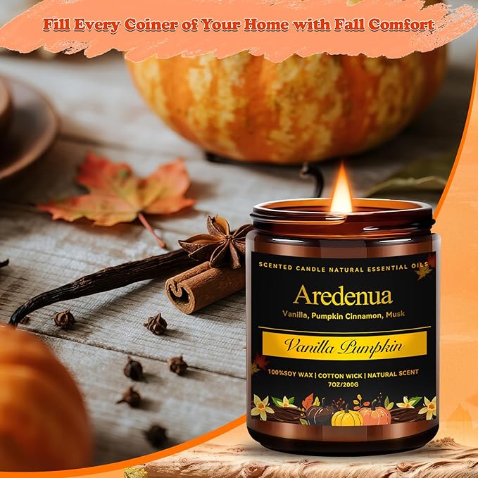 Fall Candles | Vanilla Pumpkin Scented Candle - Scented Candles for Autumn, 7oz Autumn Soy Candle with 50hr Burn Time, Holiday Thanksgiving Fall Gifts for Women Men