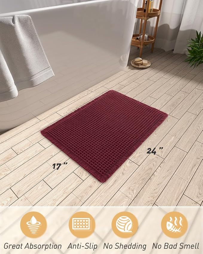 AMOAMI Upgraded Waffle Bath Mat, Super Absorbent Non Slip Bath Mats for Bathroom Floor, Machine Washable Bathroom Rugs with Tassels, Rubber Backed Bathroom Mats, Ultra Soft, 17" x 24", Burgundy