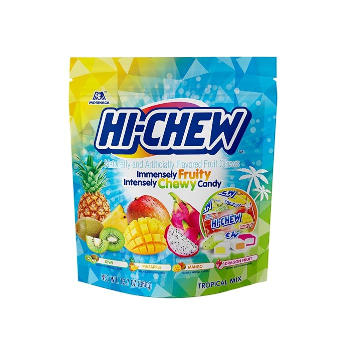 HI-CHEW Tropical Mix, Kiwi Pineapple Mango Dragon Fruit, 4 Stand Up Pouches, 220+ Pieces, 12.7oz each - Fun Soft & Chewy Halloween Bulk Candy - Juicy Fruity Flavors - Individually Wrapped for Sharing