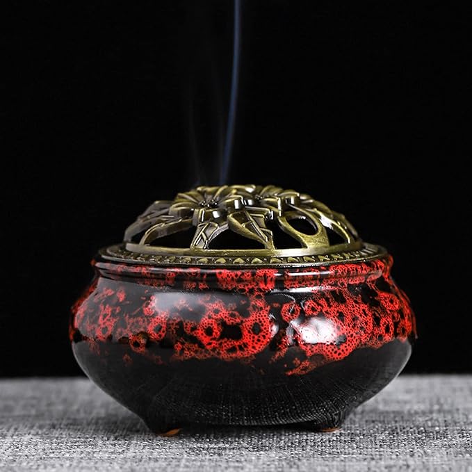 Ceramic Incense Burner with Lid, Bowl Burner， Cone Incense Burner, Ceramic Censer Suitable for Incense/Cone/Coil/Sticks, There are 30 Incense Cones+ Metal Incense Holder+Fireproof Cotton Inside.
