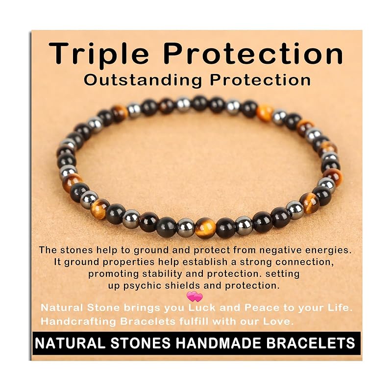 AD Beads Handmade Gemstone Stretch Elastic Bracelet Crystal Healing Reiki Nature's Beauty and Spiritual Essence Unisex (4mm, Triple Protection (Strong Protect))