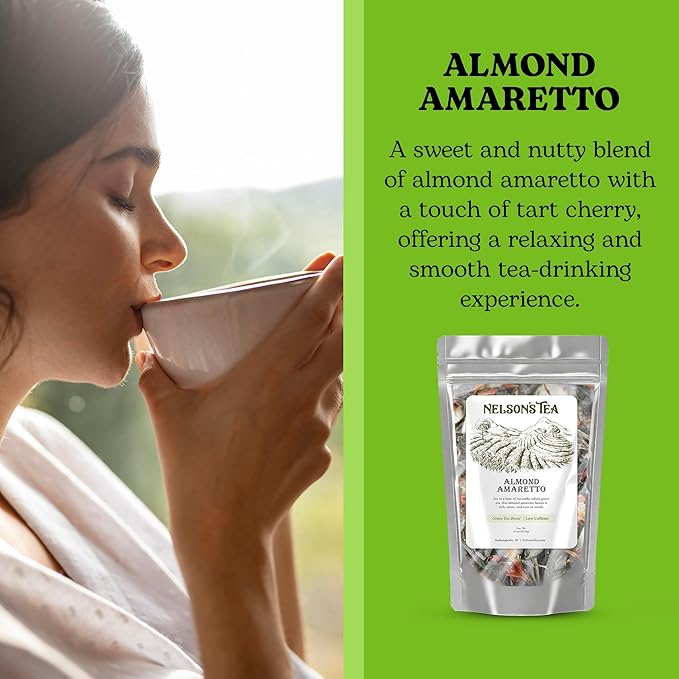 Nelson's Tea Almond Amaretto - Herbal Green Loose Leaf Tea, Curated Blend with Sencha Green Tea, almonds, Dried Cherries, and Safflower - Perfect for Bedtime Brew (16 oz)