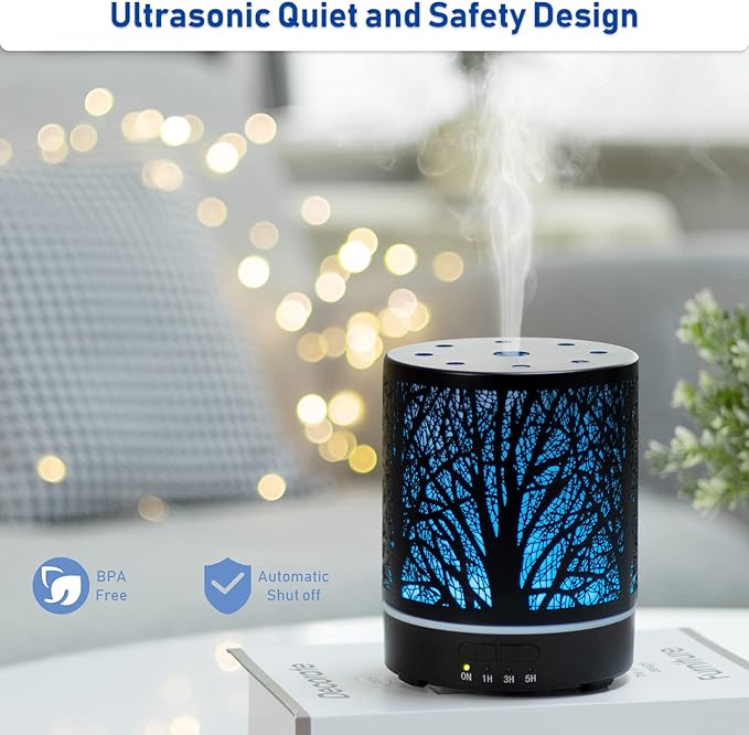 Essential Oil Diffuser Aromatherapy Diffuser -300ml Metal Electric Ultrasonic Cool Mist Oil Diffuser for Large Room with Waterless Auto Shut-Off, 4 Timer Setting &7 Colors Night Light for Home Office