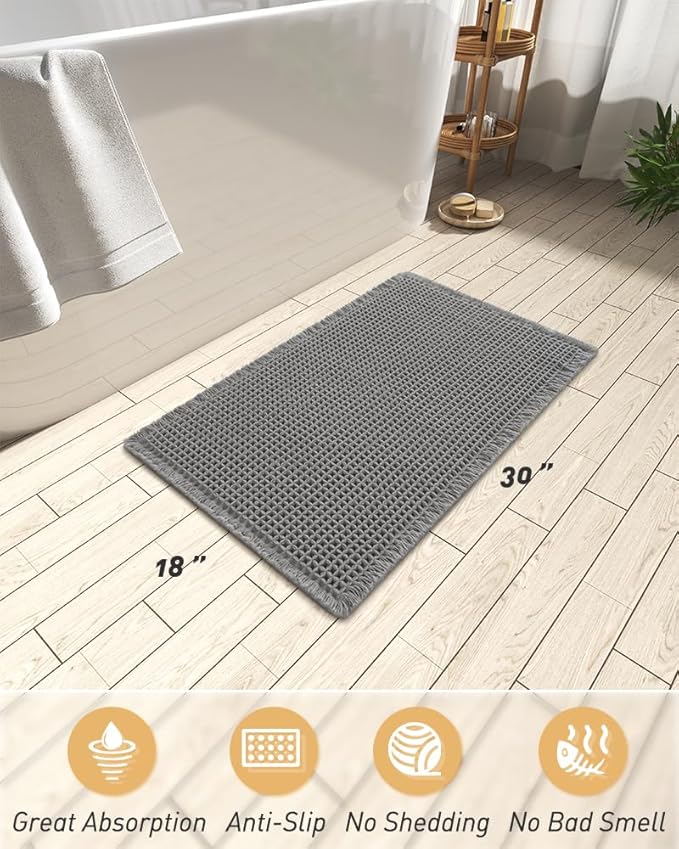 AMOAMI Upgraded Waffle Bath Mat, Super Absorbent Non Slip Bath Mats for Bathroom Floor, Machine Washable Bathroom Rugs with Tassels, Rubber Backed Bathroom Mats, Ultra Soft, 18" x 30", Dark Grey