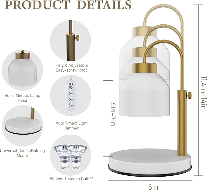 Candle Warmer Lamp, with 2 Bulbs,Timer & Dimmer,Compatible with Large Yankee Candle Jars,3 Wick Candles,Height Adjustable Electric Top Candle Melter,White,110-120v,Mother's Day Gifts