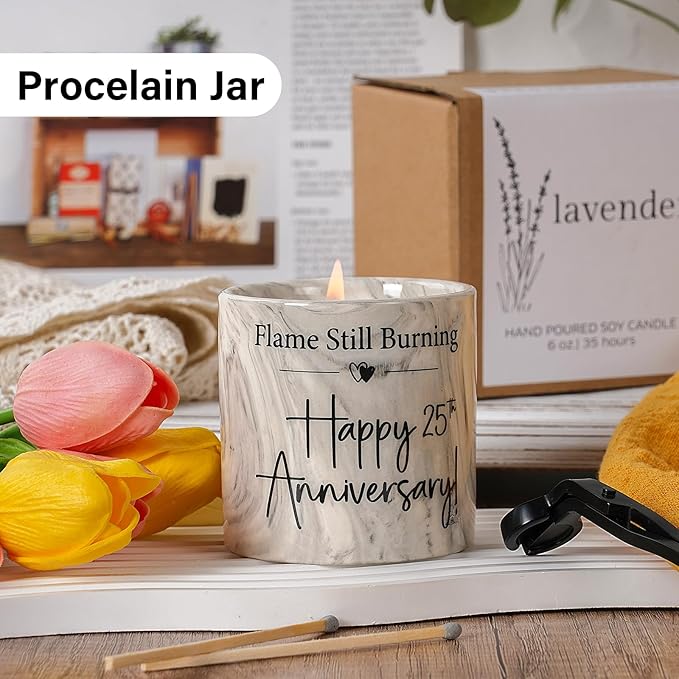 25th Anniversary Candle, 25th Wedding Anniversary Present for Couple, Wife & Husband - 25 Year Aniversario Gifts, 6 Oz Ceramics Lavender Candle