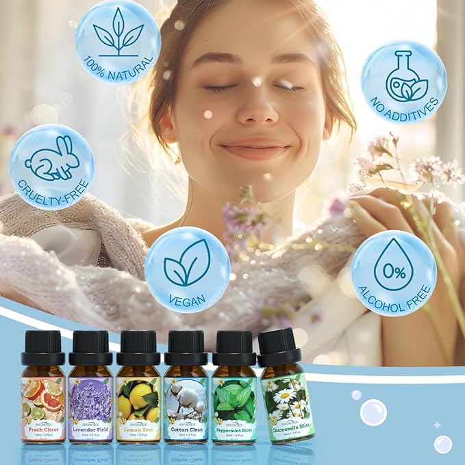Laundry Fragrance Oils Set, SNOWSEN Clean Essential Oils for Diffuser, Wool Dryer Balls, Cotton Clean, Chamomile Bliss, Fresh Citrus, Lavender Field,Peppermint Burst, Lemon Zest, Freshie Scented Oil
