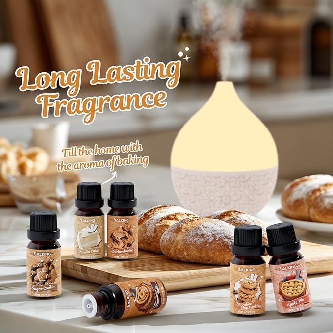 SALKING Bakery Fragrance Oils, Premium Essential Oil for Diffuser, Scented Oil Set for Soap Candle Making - Chocolate Chip Cookies, Apple Pie, Cinnamon Rolls, Vanilla Cake, Snickerdoodle, Sugar Cookie