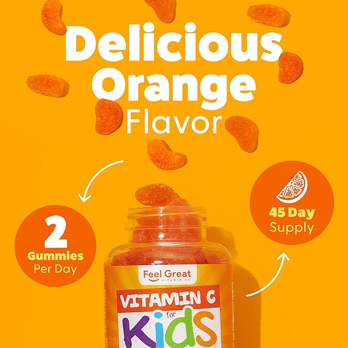 Kids Vitamin C Gummies Chewable for Immune Defense | Plant-Based, Gluten Free | Vegan | 250 mg per Serving | 90 Gummies | Vitamins for Kids by Feel Great Vitamin Co.