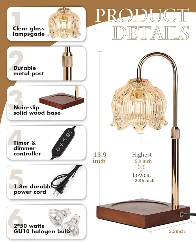 Candle Warmer Lamp with Timer Dimmable, Height Adjustable Birthday Gifts for Women Mom House Warming, Home Decor, Lotus Flower Candle Lamp Warmer 2 Bulbs Inc (Crystals)