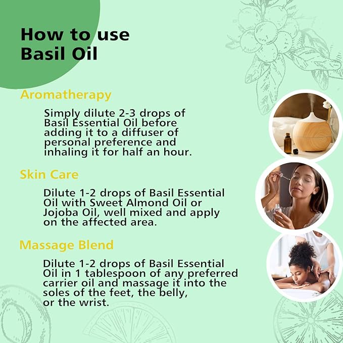 Basil Essential Oil 1 Oz – 100% Pure Natural Basil Oil for Diffuser, Skin, Massage & DIY, Fresh Herbaceous Aroma