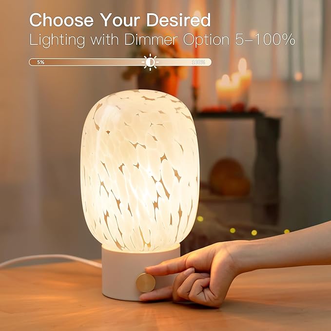 ONEWISH Table Lamp for Bedroom Nightstand,Bedside Lamp Translucent Glass Stepless Dimmable,Vintage Glass Lamp Murano Aesthetic Home Decor with Bulb for Living Room Kitchen Mother's Day