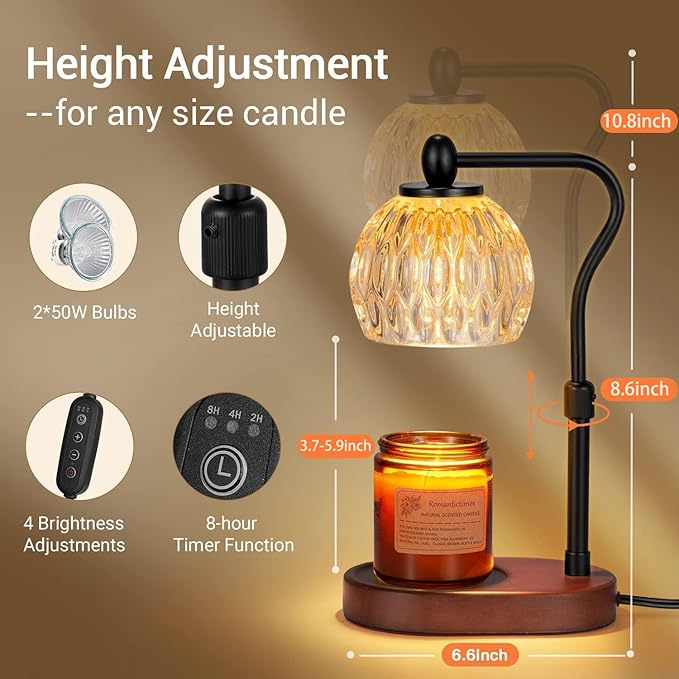 Candle Lamp with Timer & Dimmer - Height Adjustable for Scented Candles, with 2 * 50W Bulbs - Home Decor Gift for Mothers Day (Black)