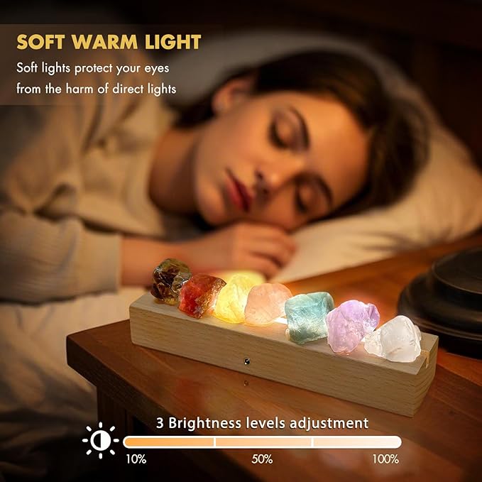 Healing Crystal Night Light,7 Chakra Natural Bedside Lamp with Wooden LED Light Base,Healing Stones Positive Energy Night Lights for Home Decor Gifts (Rechargeable)