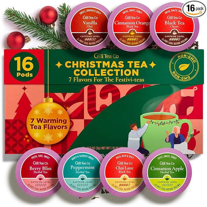 Gya Tea Co Christmas Tea Pod Collection Gift Set (16 Count) - Different Flavors Assorted Variety Pack