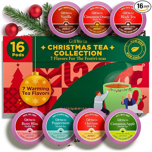 Gya Tea Co Christmas Tea Pod Collection Gift Set (16 Count) - Different Flavors Assorted Variety Pack
