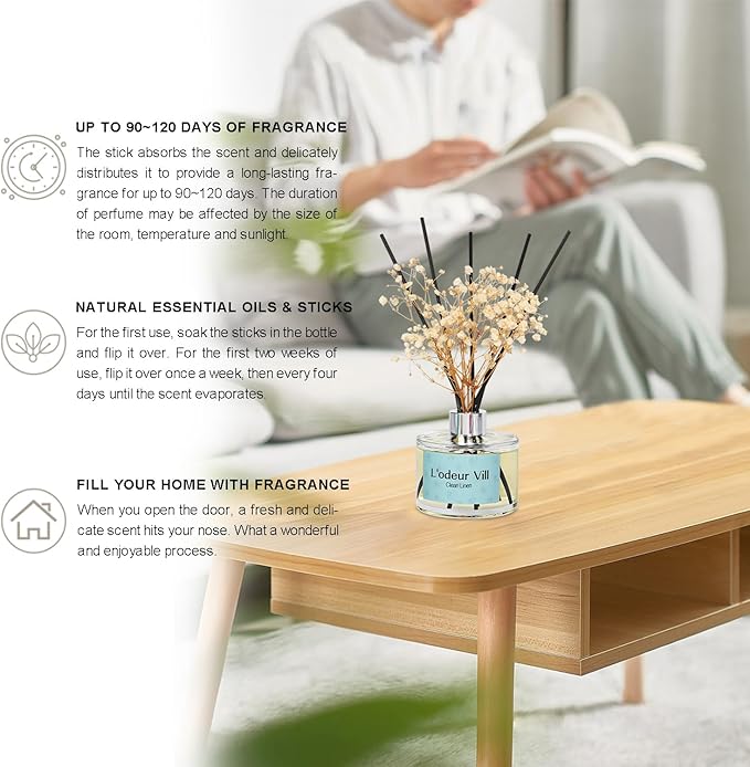 L'odeur Vill Reed Diffuser Set, 6.7 oz(200ml) Clean Linen Scented Diffuser with 6 Oil Diffuser Sticks, Home Fragrance Essential Oil Reed Diffuser for Home Large Rooms Bathroom Shelf Decor