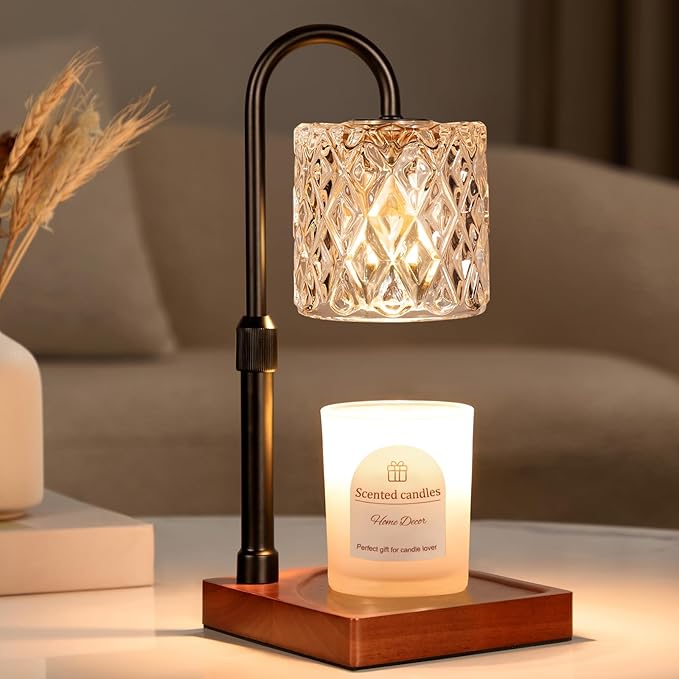 Candle Warmer Lamp with Timer -Dimmable Adjustable Height Wax Melt Warmer for Jar Candles,Vintage Home Decor with Elegant Amber Glass,Birthday Gifts for Women, Mom, Friend