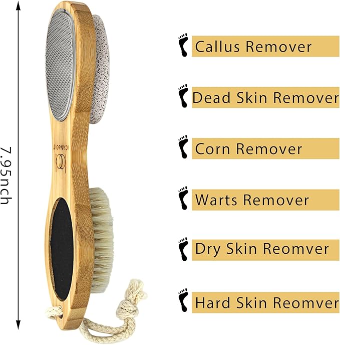 ICANdOIT-2 Packs Natural Bamboo Foot File Callus Remover-Multi Purpose 4 in 1 Feet Pedicure Kit with Boar Bristle Brush,Pumice Stone,Foot Rasp,Sand Paper