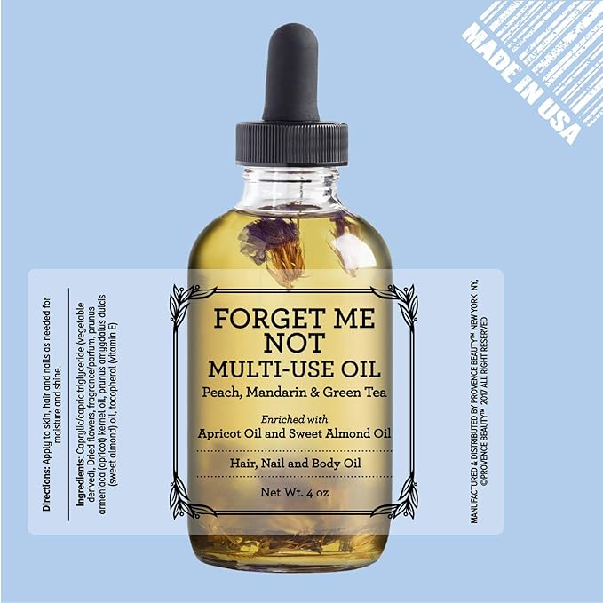BEAUTE DE PROVENCE Multi-Use Oil for Face, Body and Hair - Forget Me Not - Organic Blend of Apricot, Vitamin E and Sweet Almond Oil Moisturizer for Dry Skin, Scalp and Nails - Peach, Mandarin and Green Tea - 4 Fl Oz